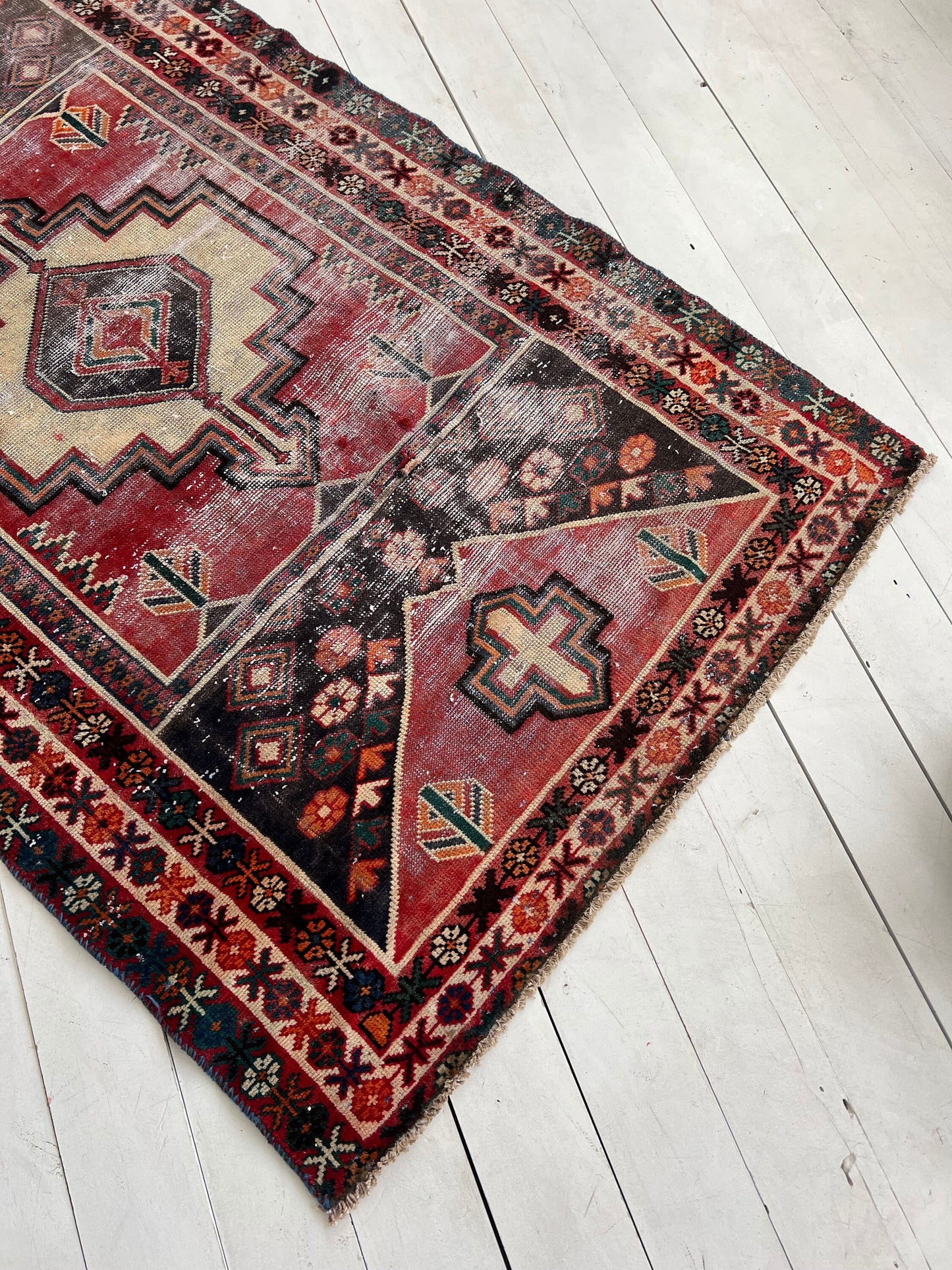Vintage Oriental Runner Rug: Red, Orange & Brown Boho Hallway Rug (4.2'x6.10)
