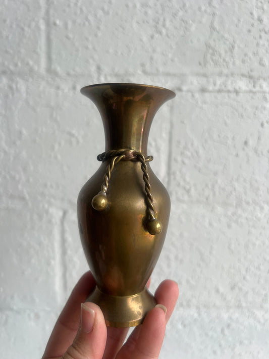 Vintage Brass Bud Vase: Fluted Design with Braided Rope Detail
