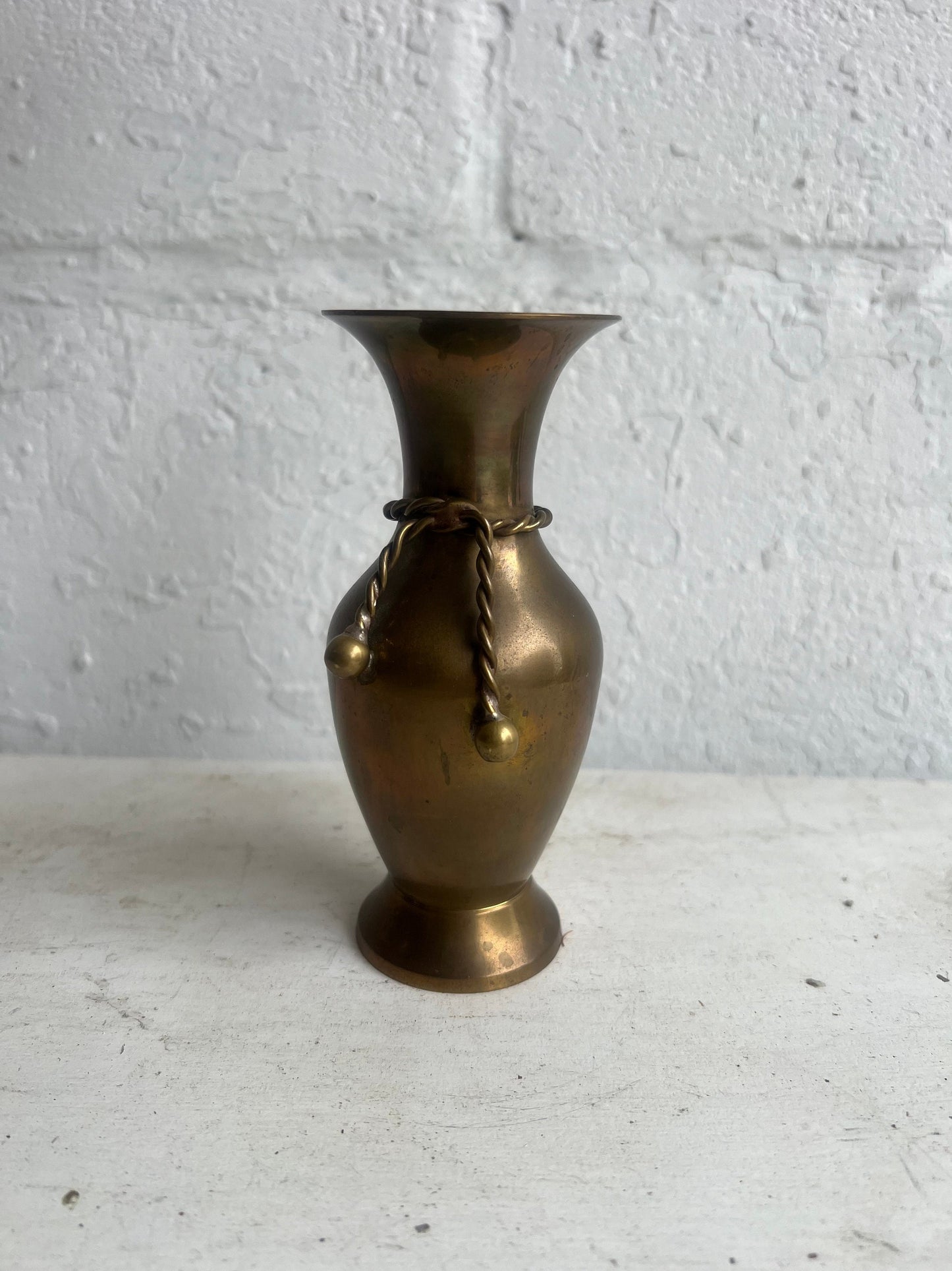 Vintage Brass Bud Vase: Fluted Design with Braided Rope Detail