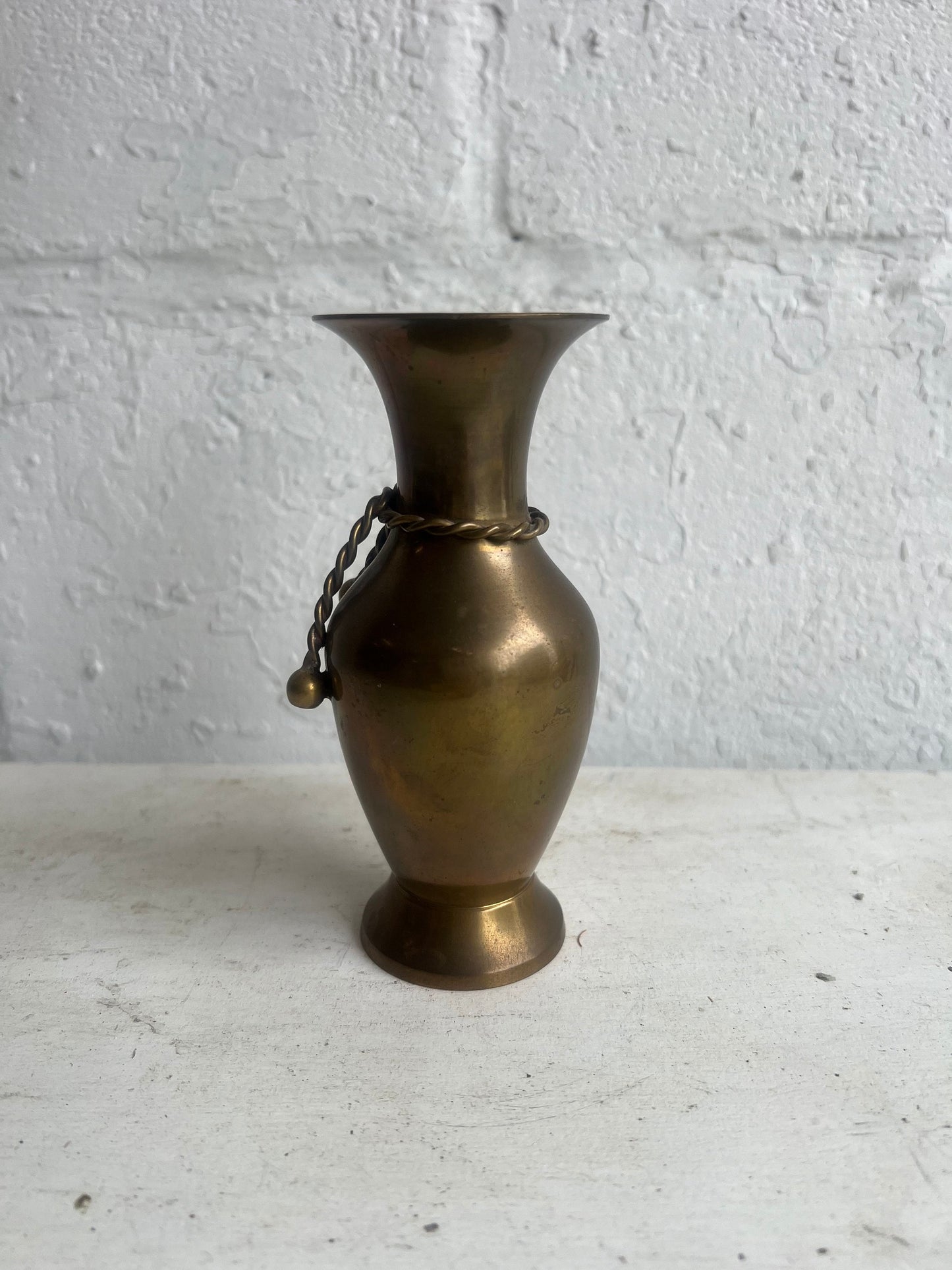Vintage Brass Bud Vase: Fluted Design with Braided Rope Detail