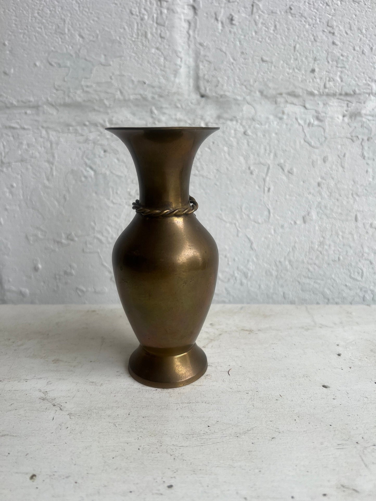 Vintage Brass Bud Vase: Fluted Design with Braided Rope Detail