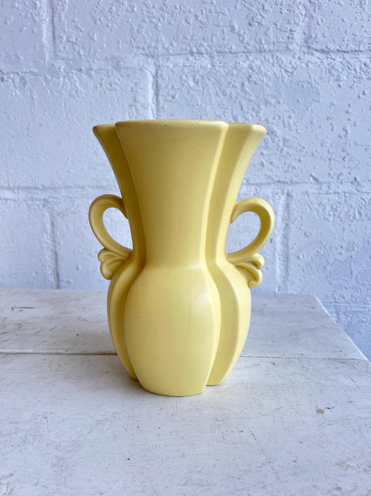 Vintage Yellow MCM Vase: Curvy Handle Design, 9" Tall