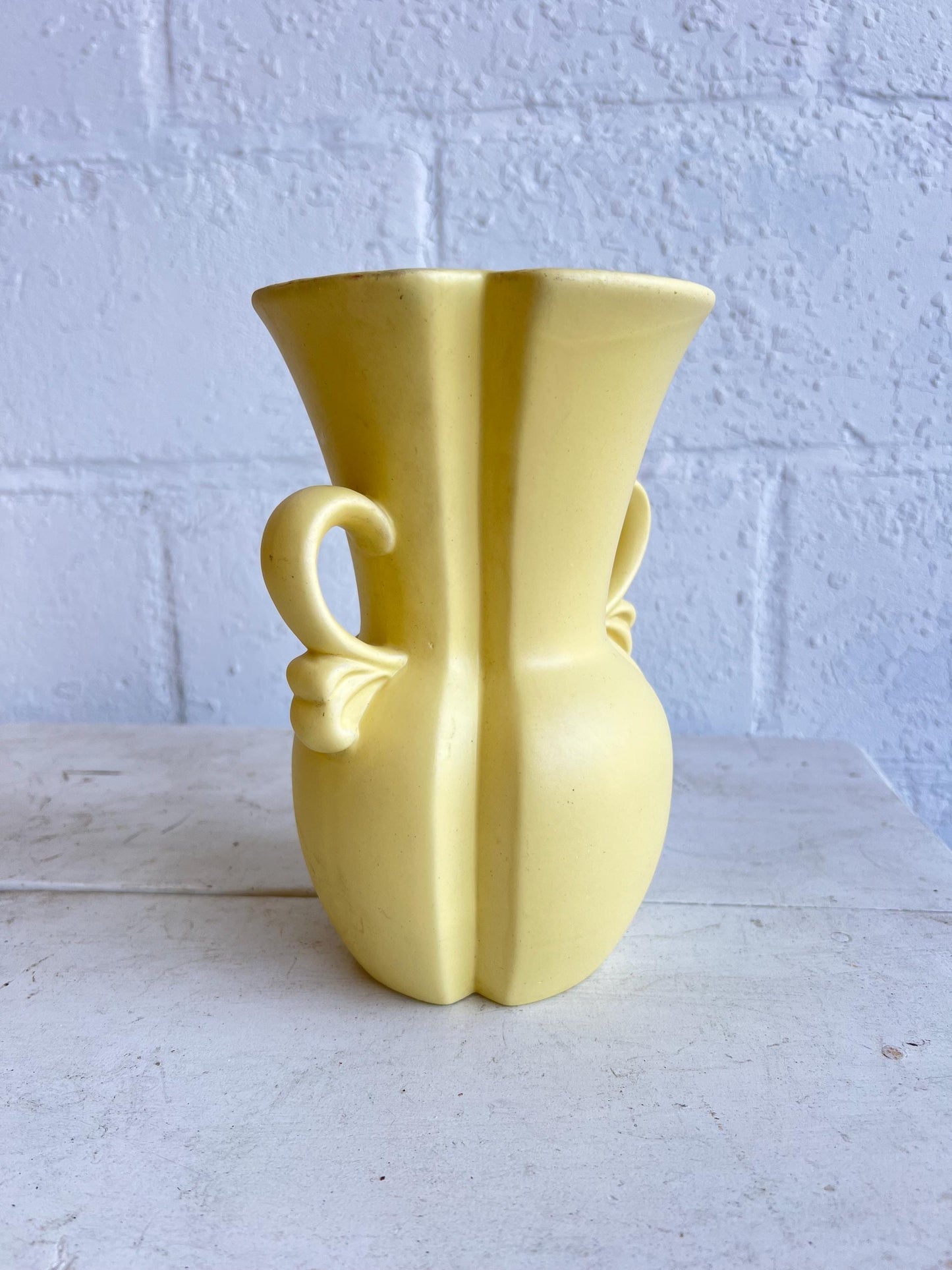 Vintage Yellow MCM Vase: Curvy Handle Design, 9" Tall