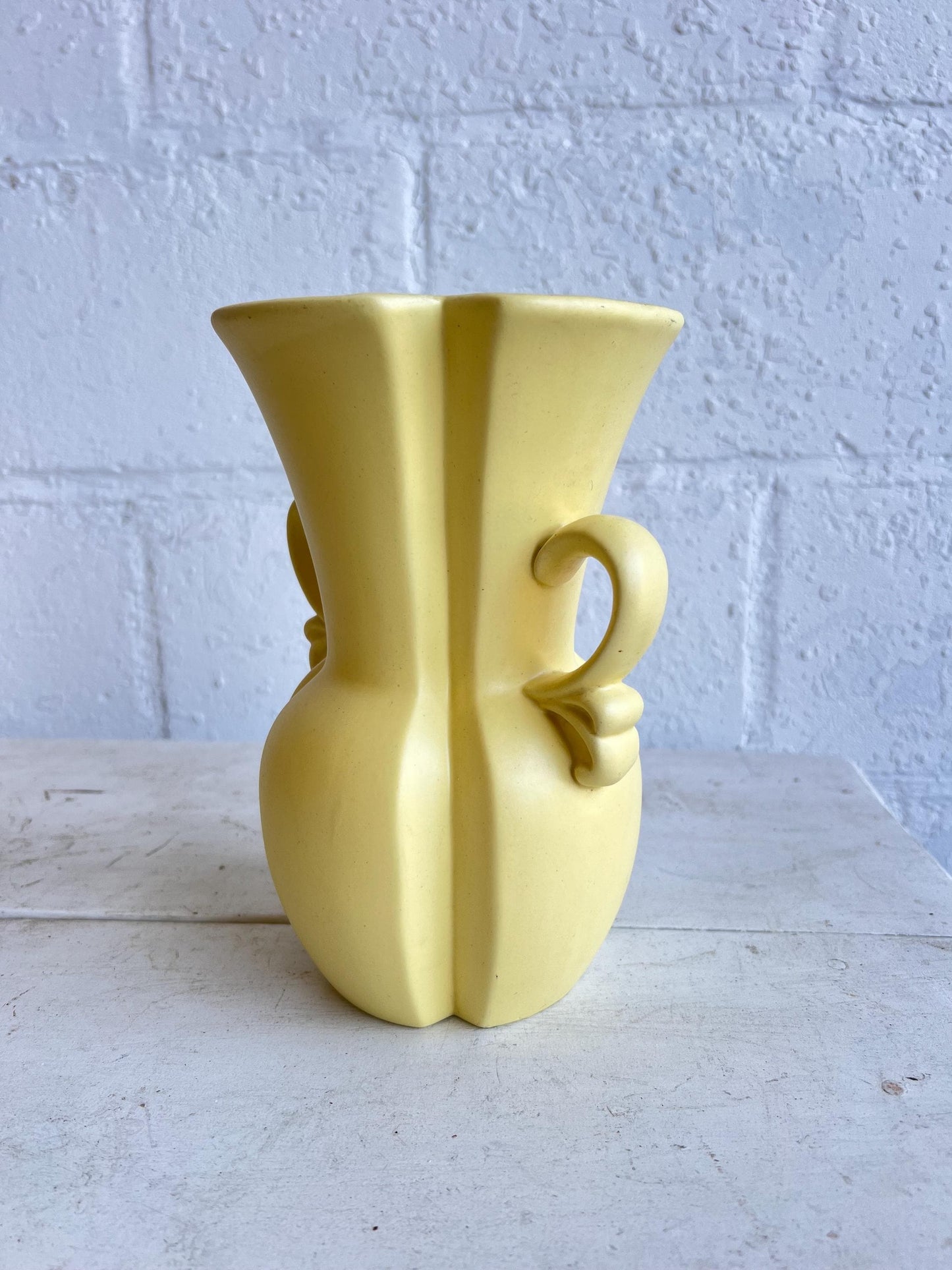 Vintage Yellow MCM Vase: Curvy Handle Design, 9" Tall