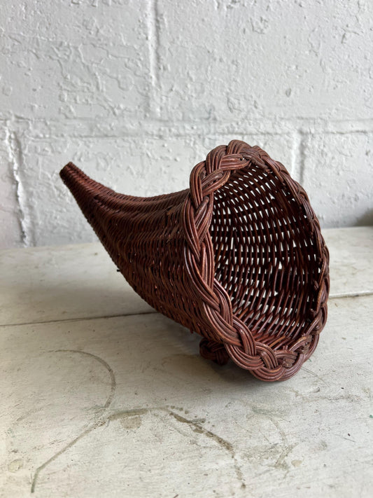 Vintage Woven Wicker Cornucopia Horn: Fall Vase Filler, 11" Long