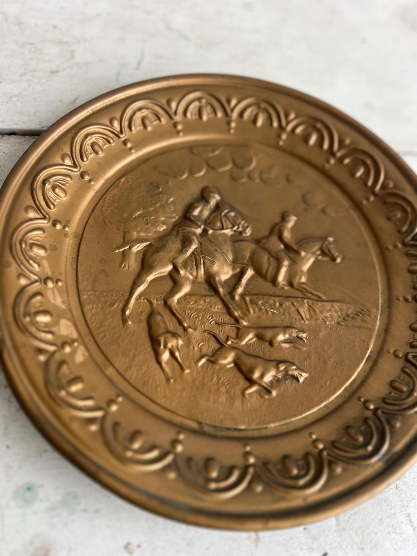 Vintage Brass Wall Hanging: Horse & Dog Hunting Scene (10")