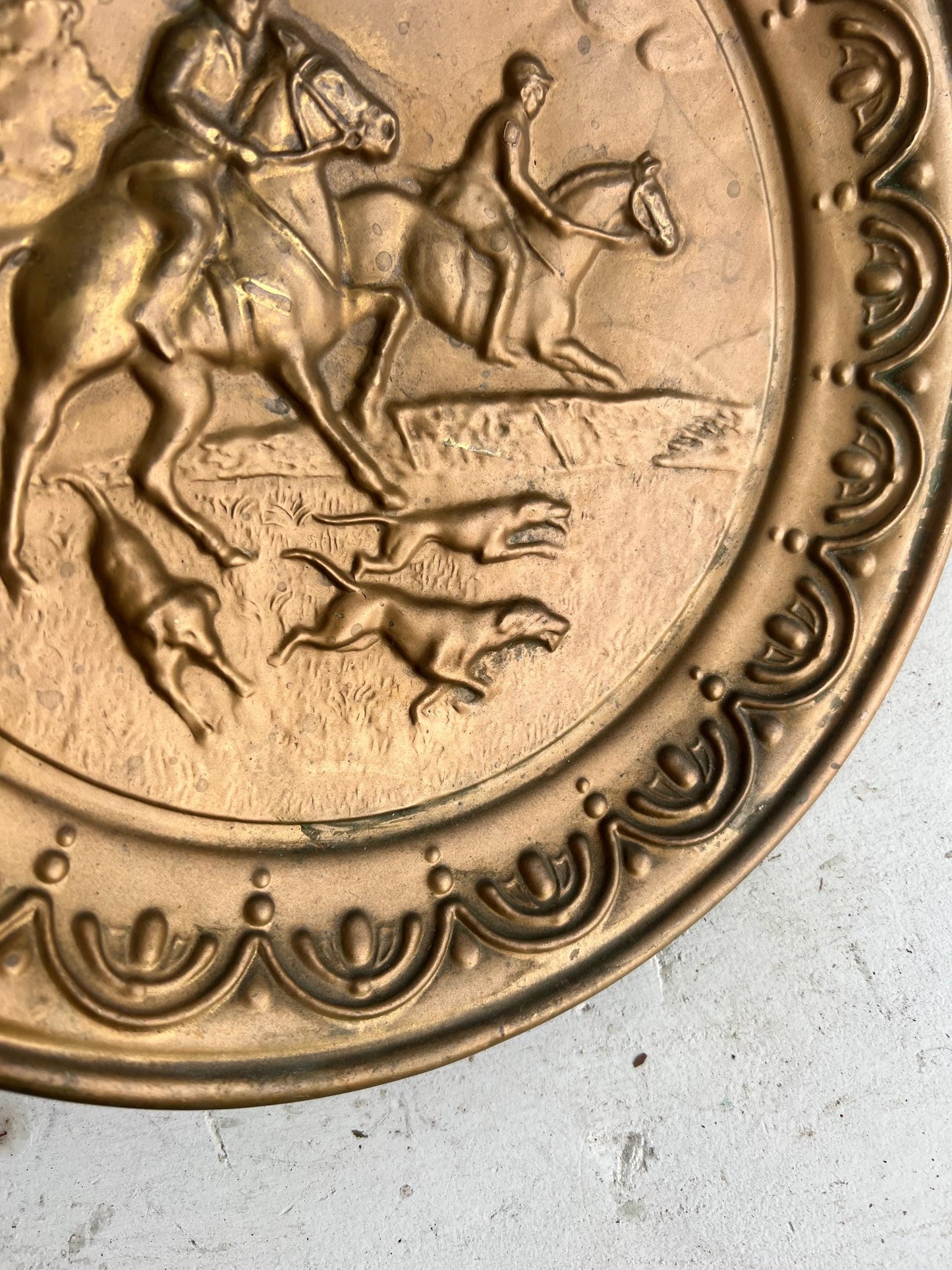 Vintage Brass Wall Hanging: Horse & Dog Hunting Scene (10")