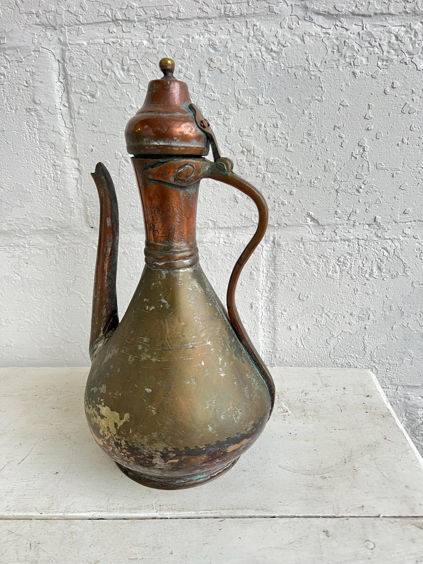 Antique Copper Pitcher: 13" Middle Eastern Jug with Hinged Lid