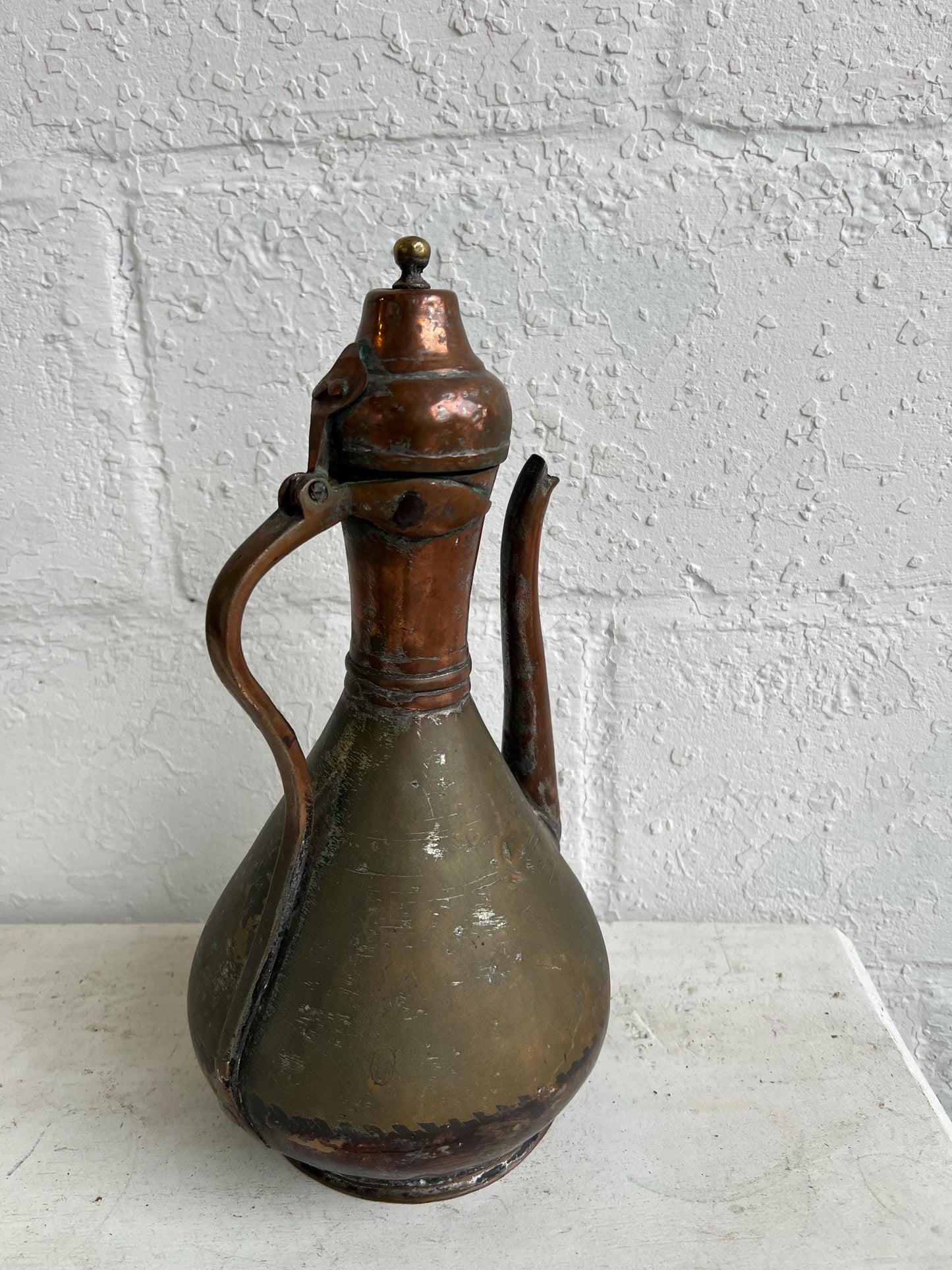 Antique Copper Pitcher: 13" Middle Eastern Jug with Hinged Lid