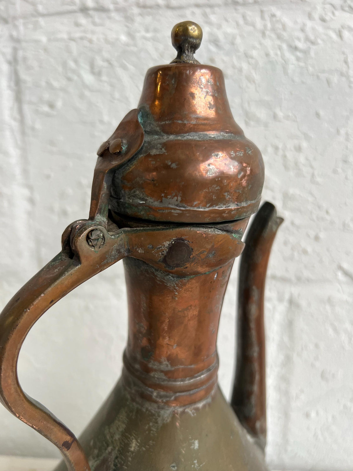Antique Copper Pitcher: 13" Middle Eastern Jug with Hinged Lid