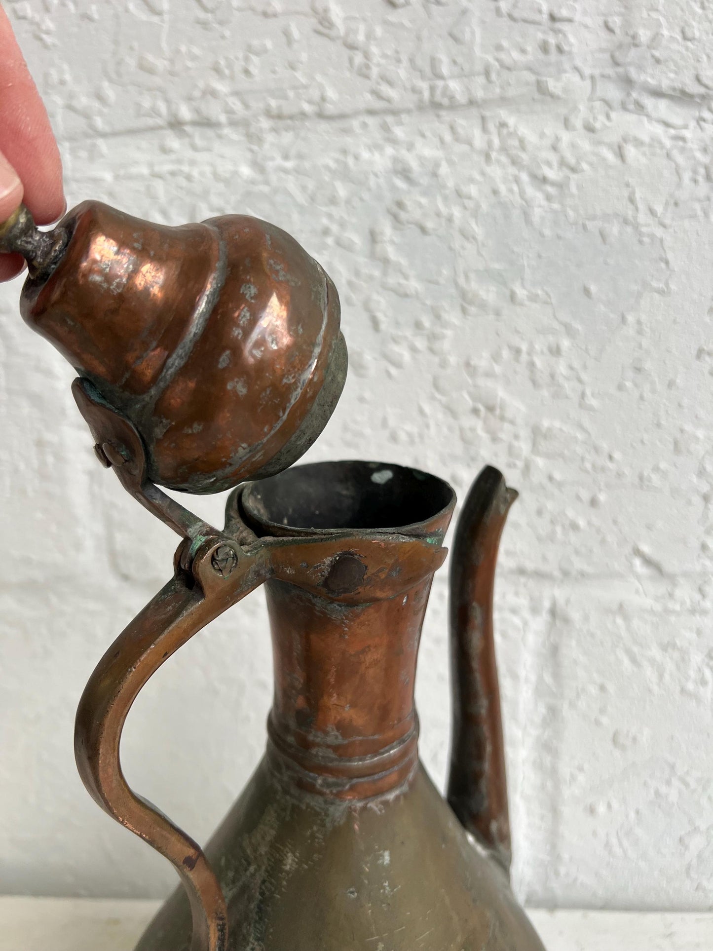 Antique Copper Pitcher: 13" Middle Eastern Jug with Hinged Lid