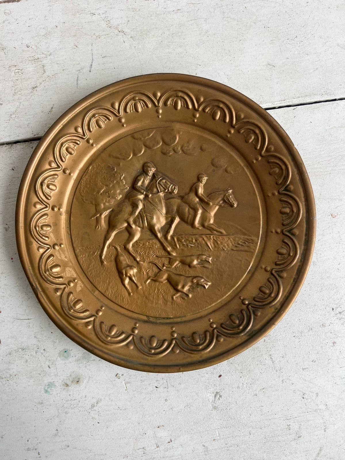 Vintage Brass Wall Hanging: Horse & Dog Hunting Scene (10")