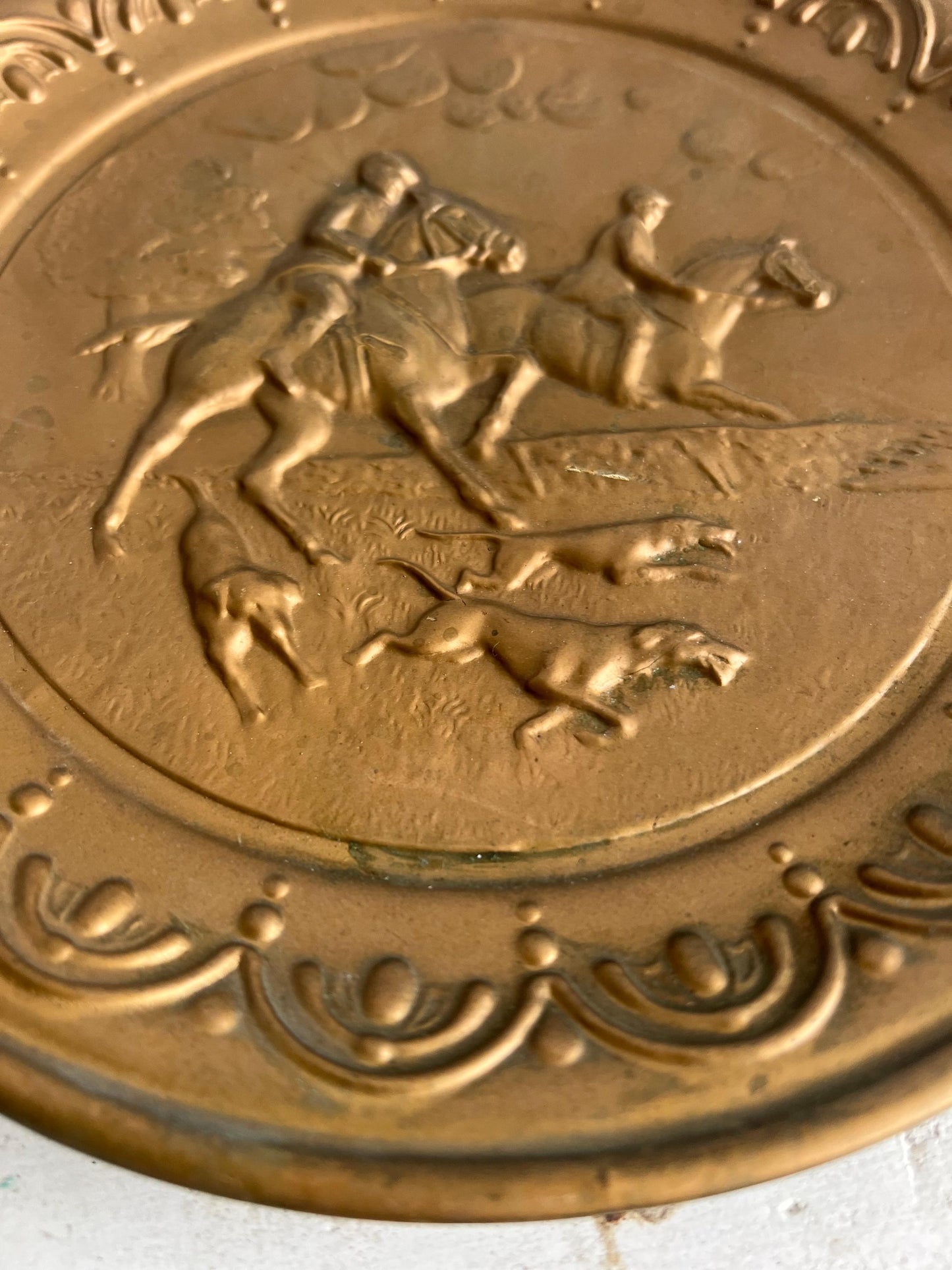 Vintage Brass Wall Hanging: Horse & Dog Hunting Scene (10")