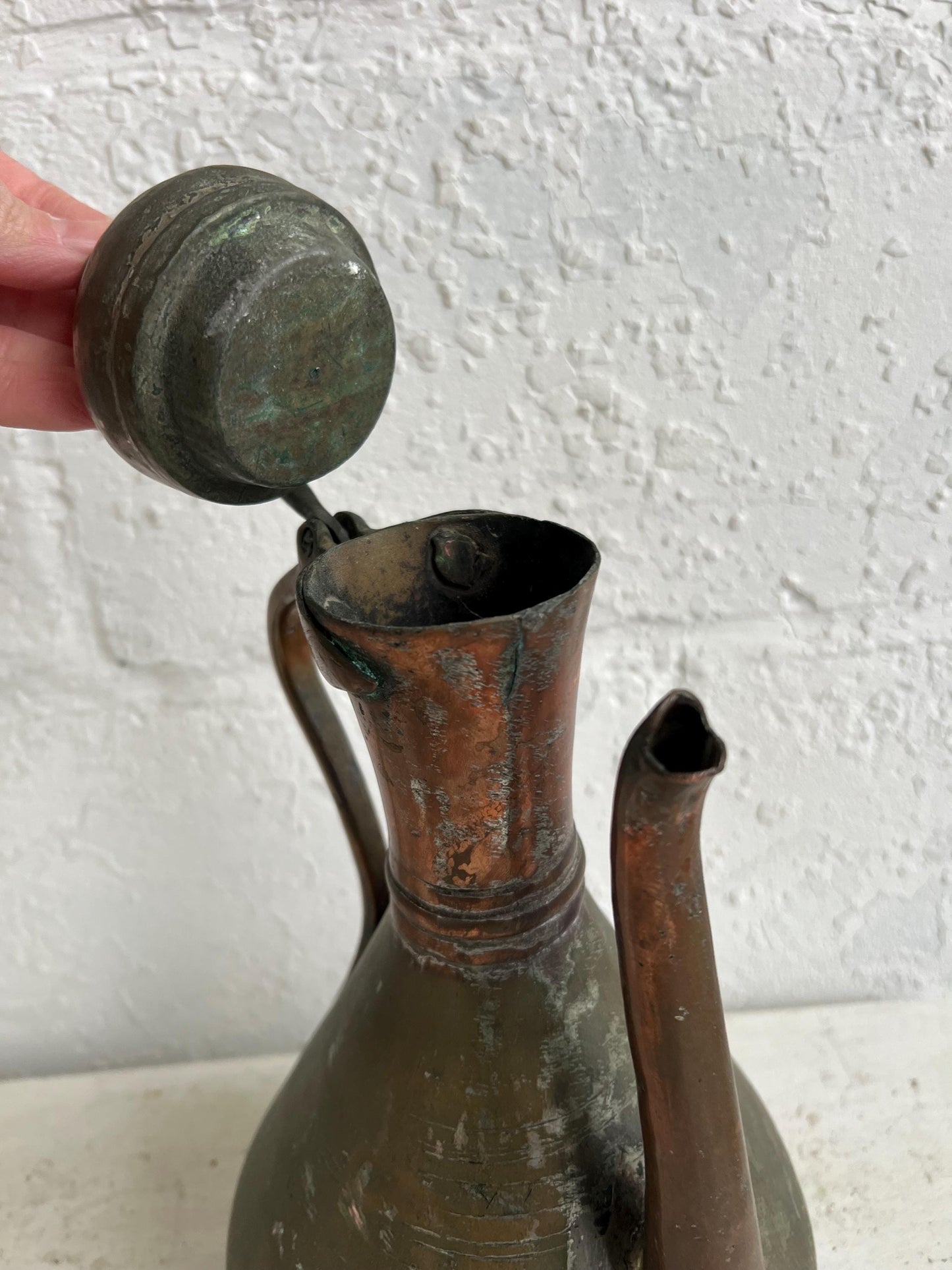 Antique Copper Pitcher: 13" Middle Eastern Jug with Hinged Lid