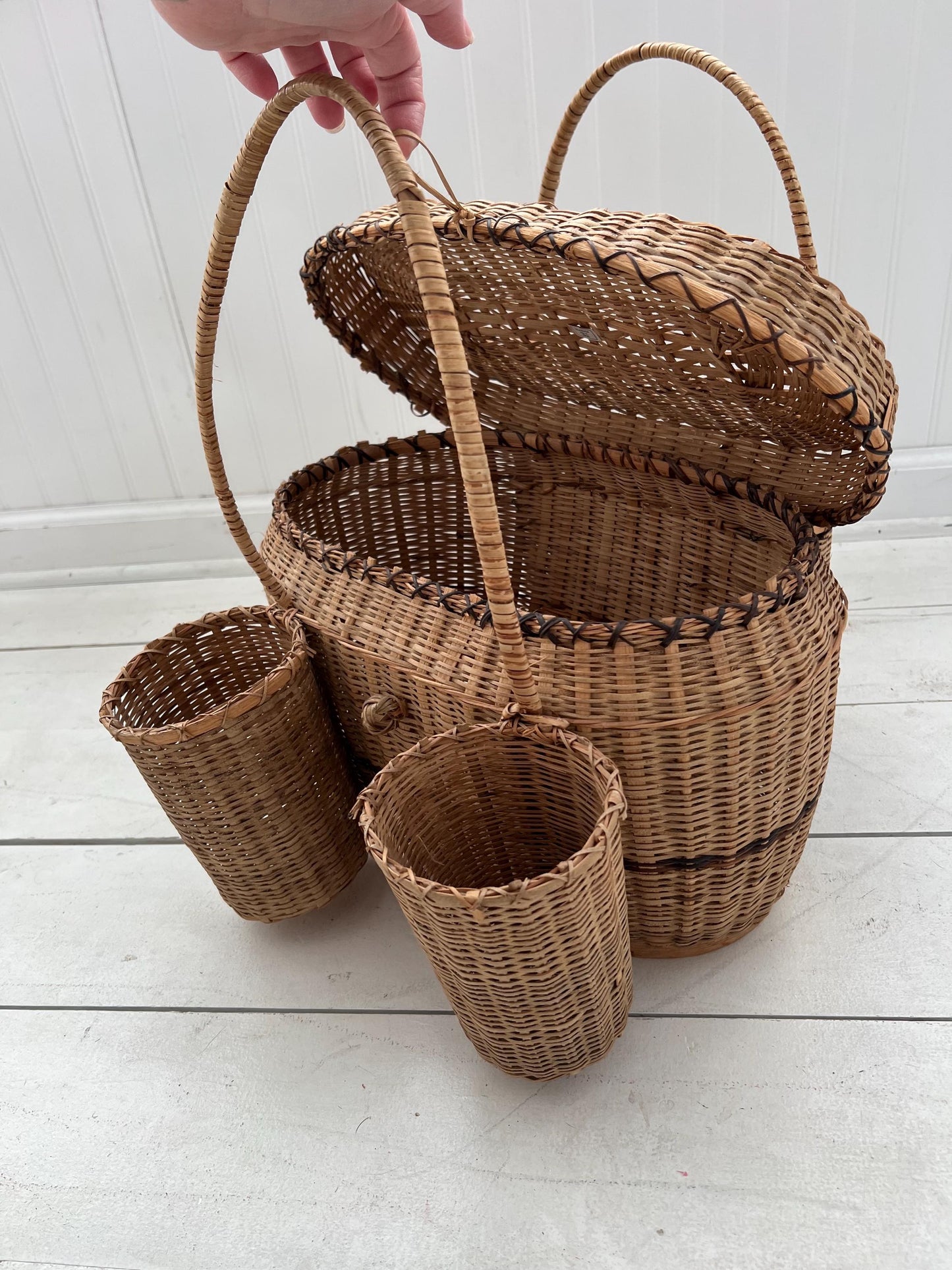 Vintage Woven Wicker Picnic Basket with Side Caddies