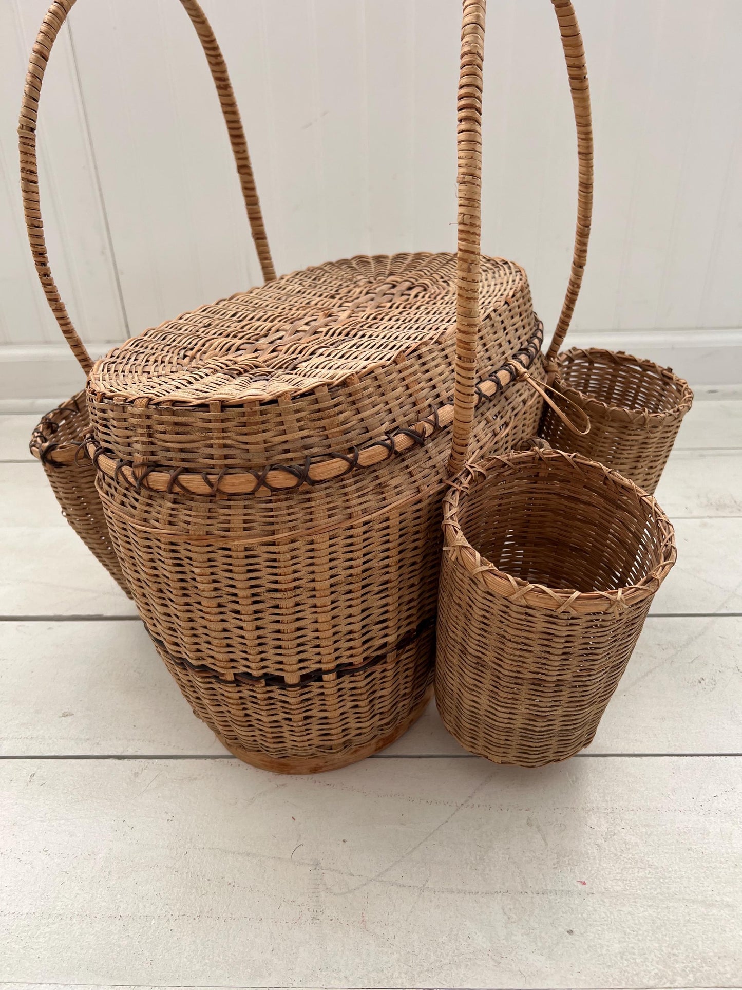 Vintage Woven Wicker Picnic Basket with Side Caddies