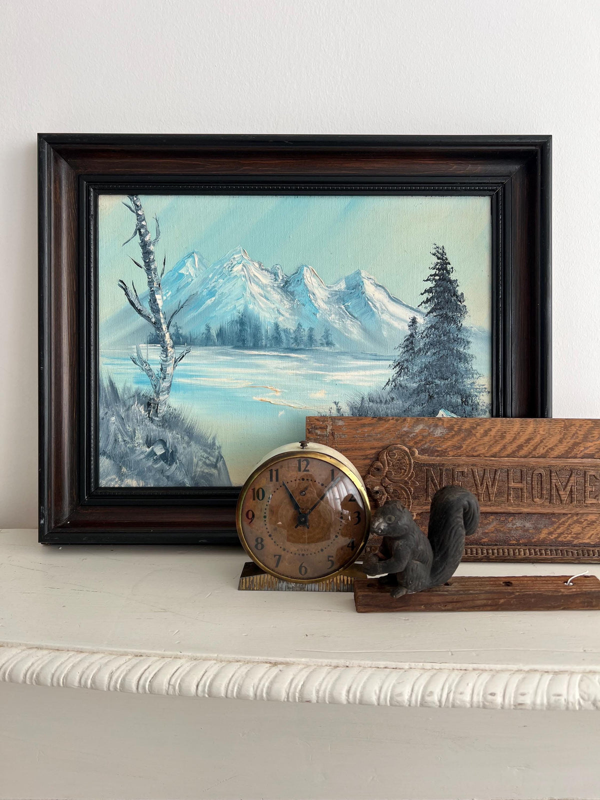 Vintage Snowy Mountain Painting: Framed Landscape Art (20x16)