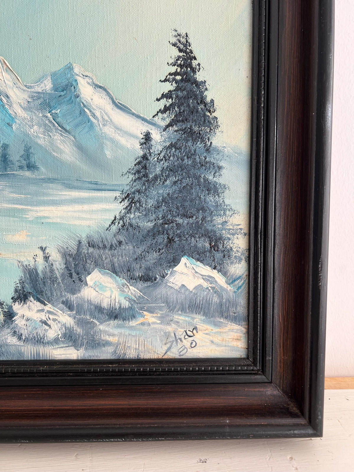 Vintage Snowy Mountain Painting: Framed Landscape Art (20x16)