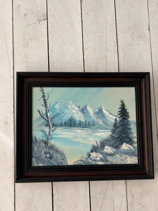 Vintage Snowy Mountain Painting: Framed Landscape Art (20x16)