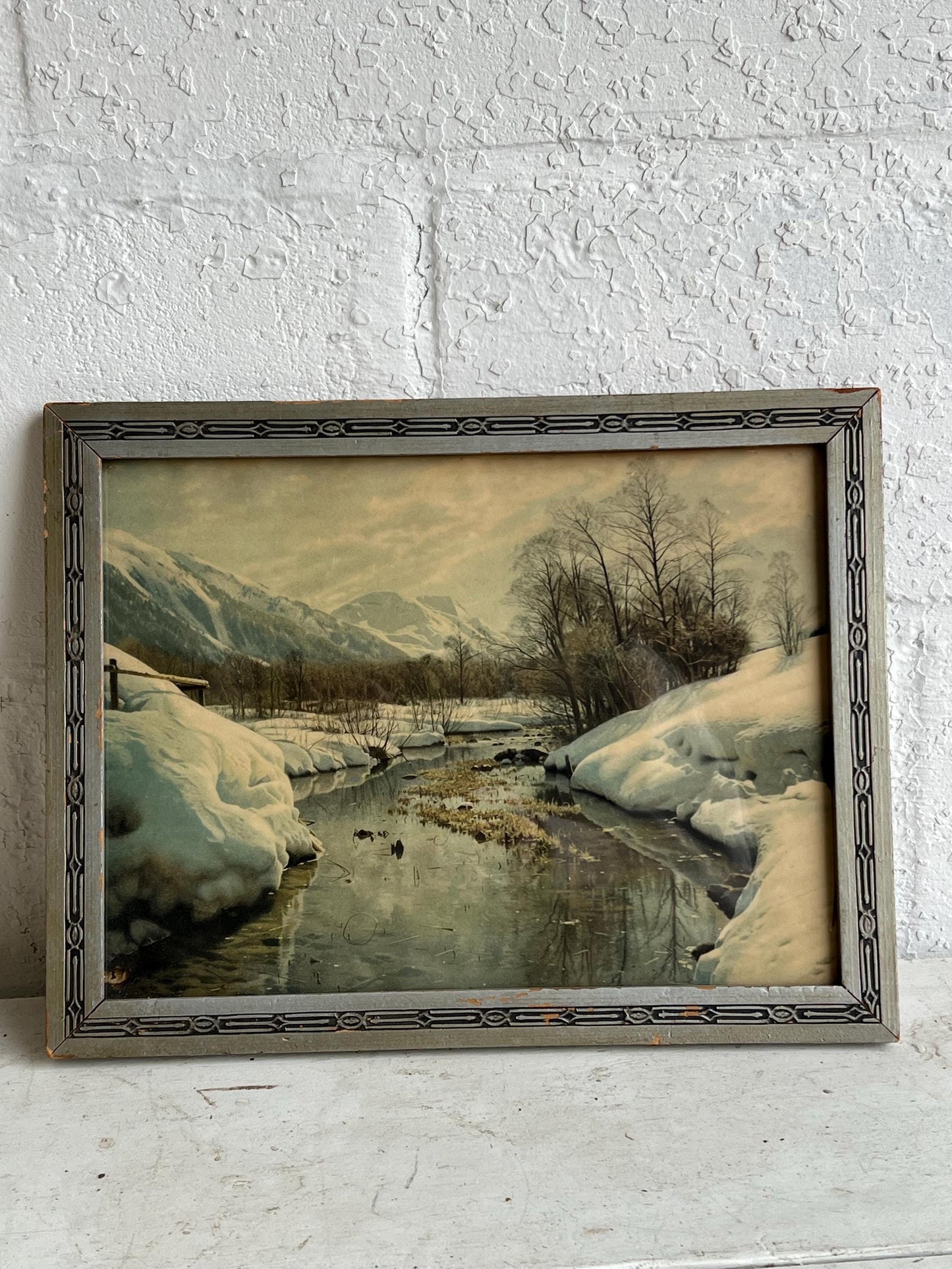 Vintage Framed Winter Landscape Art Print by Peder Mork Monsted (11.5x14.5)