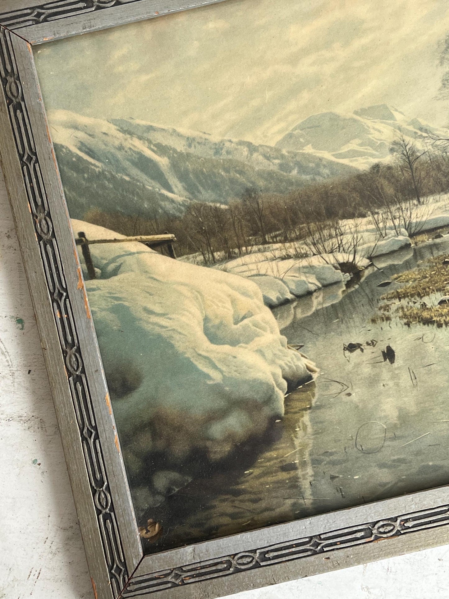 Vintage Framed Winter Landscape Art Print by Peder Mork Monsted (11.5x14.5)