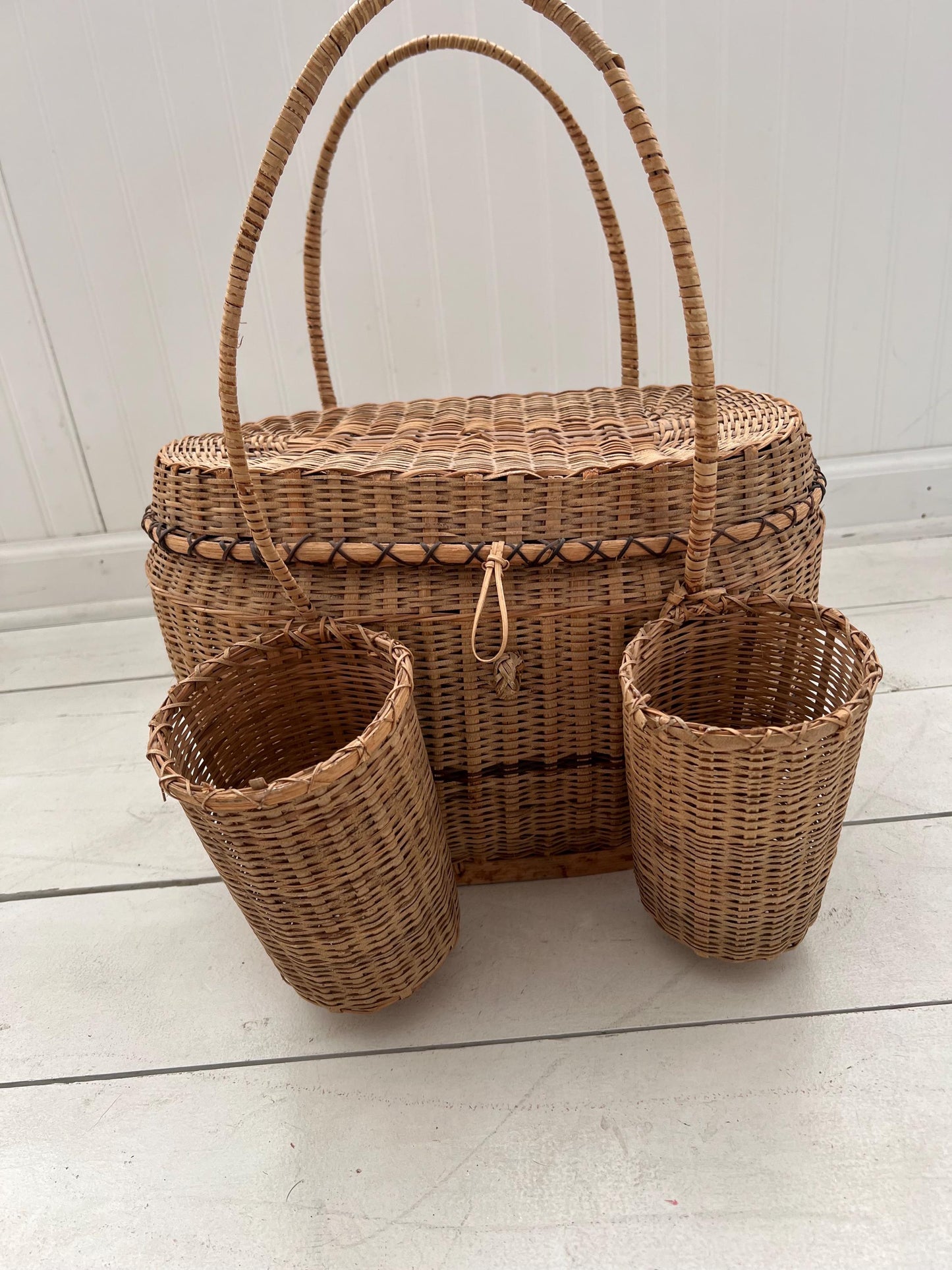 Vintage Woven Wicker Picnic Basket with Side Caddies