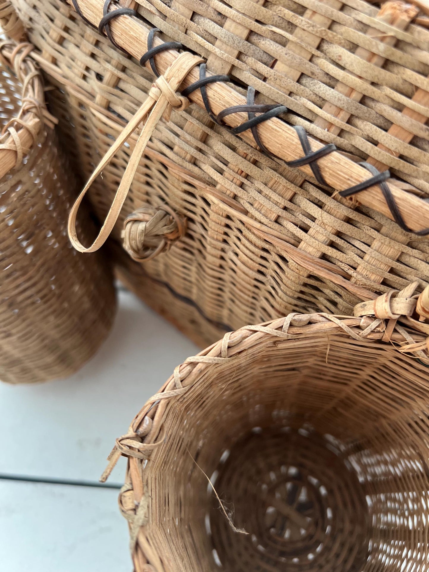 Vintage Woven Wicker Picnic Basket with Side Caddies