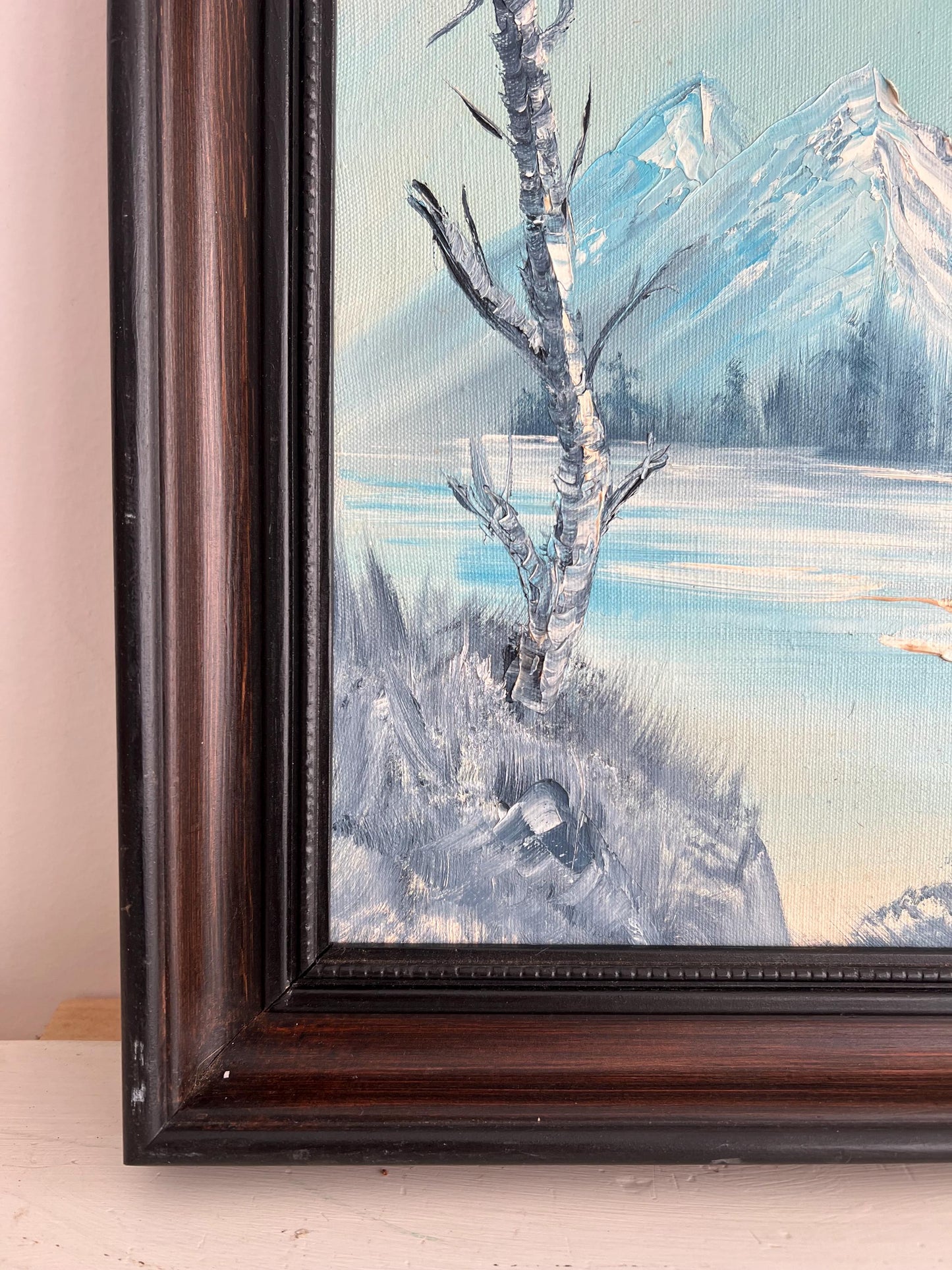 Vintage Snowy Mountain Painting: Framed Landscape Art (20x16)