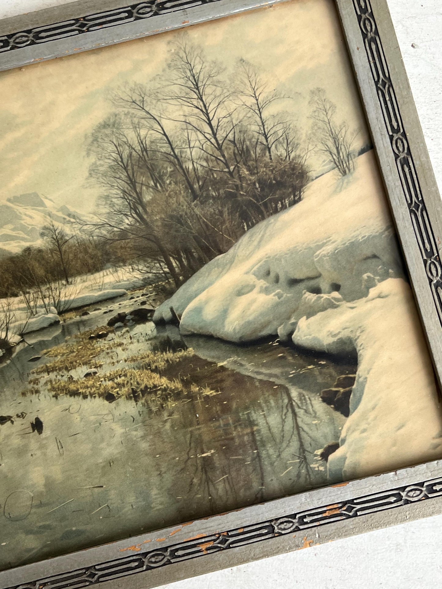 Vintage Framed Winter Landscape Art Print by Peder Mork Monsted (11.5x14.5)