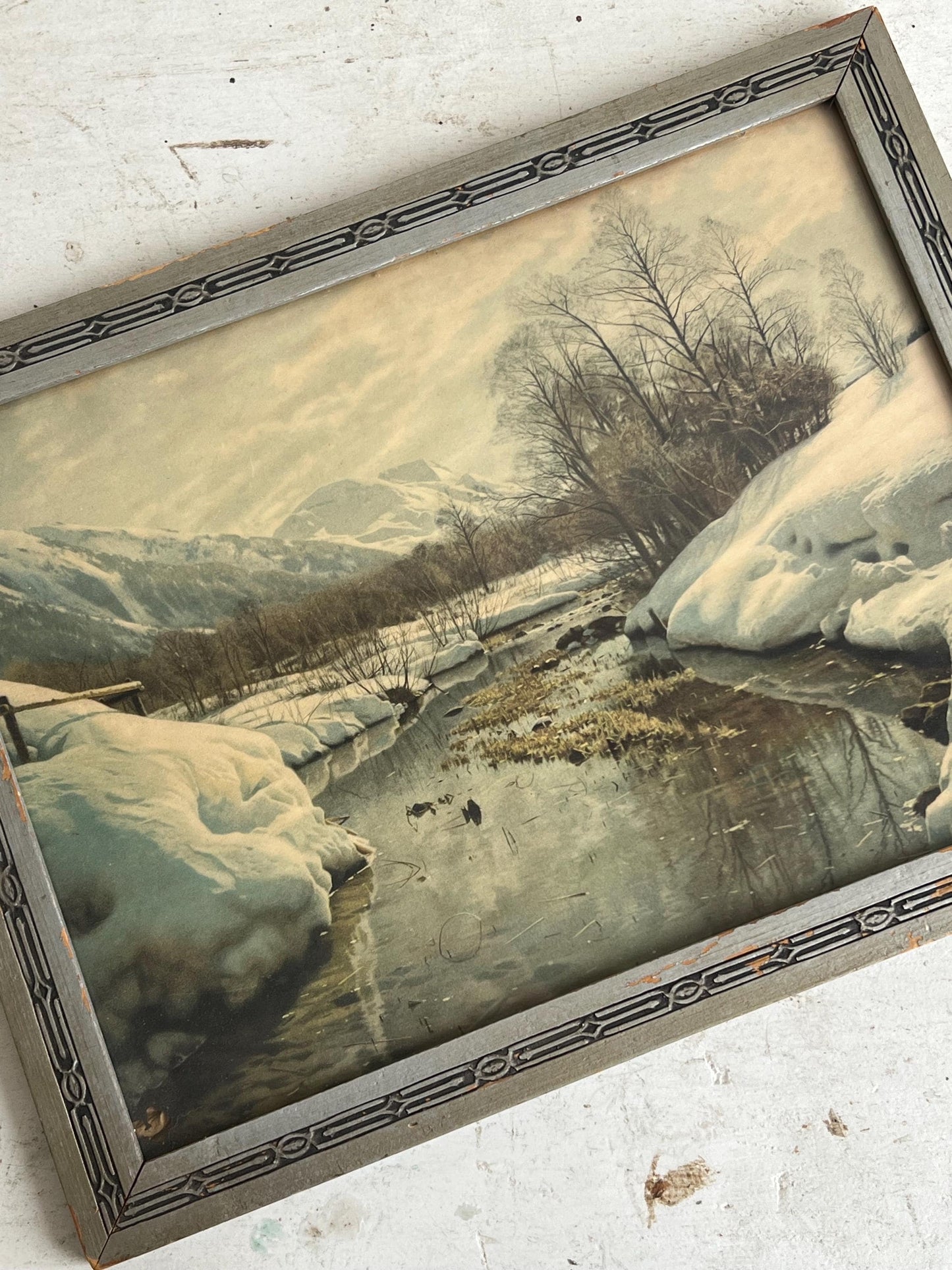Vintage Framed Winter Landscape Art Print by Peder Mork Monsted (11.5x14.5)