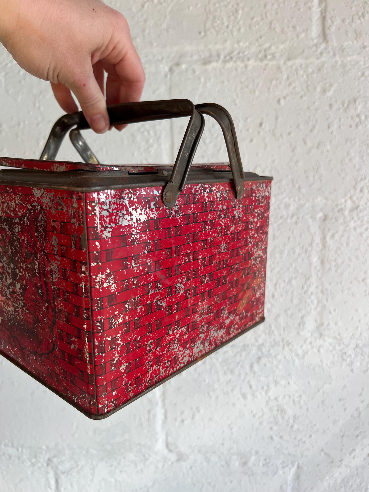 Vintage Red Metal Tobacco Tin: Rusty Chippy Industrial Basket