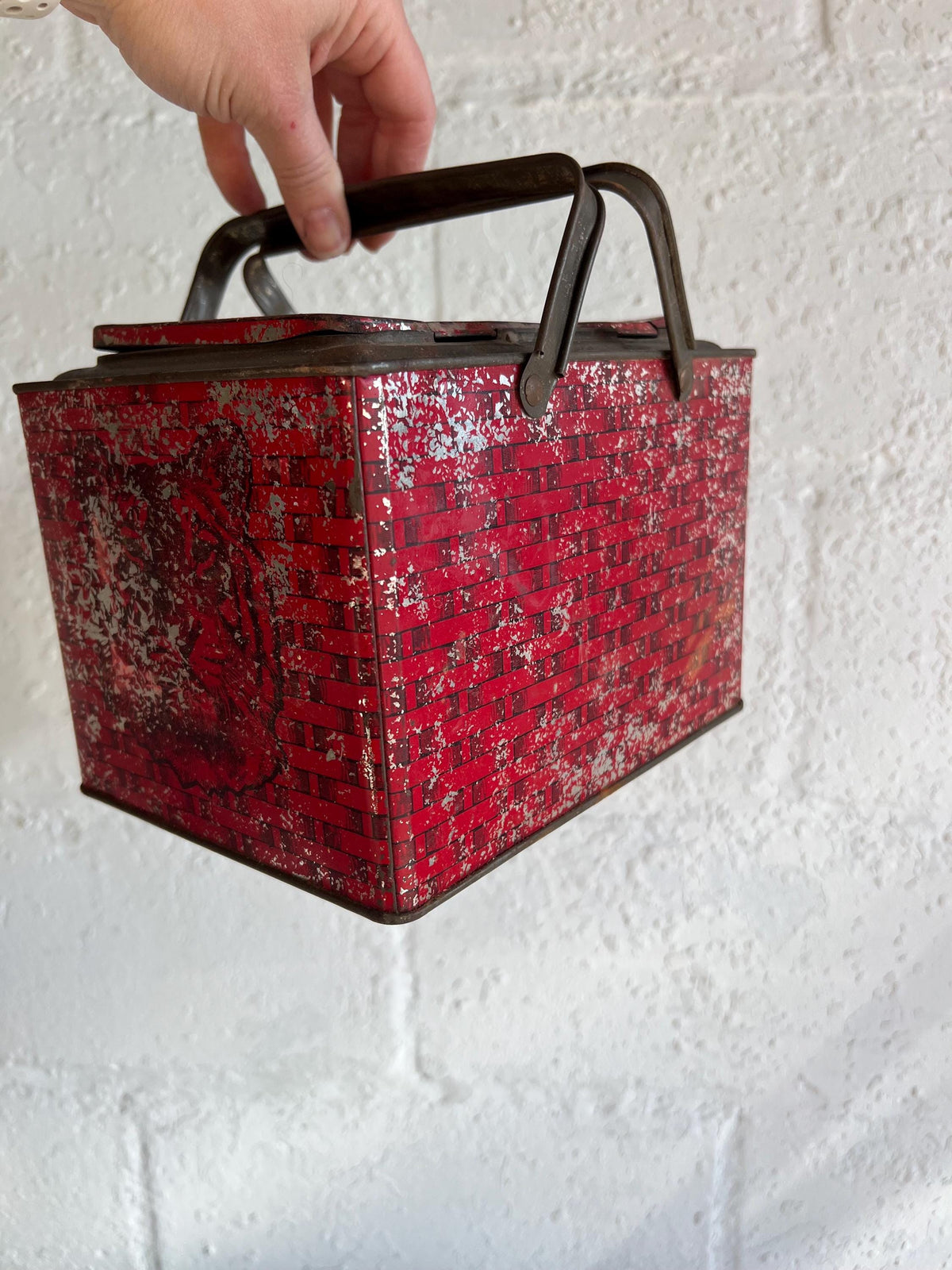 Vintage Red Metal Tobacco Tin: Rusty Chippy Industrial Basket