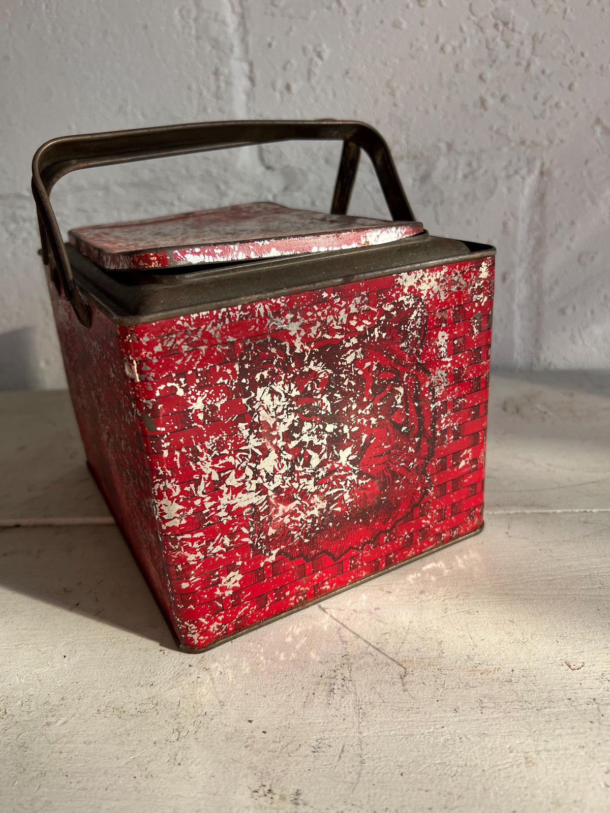Vintage Red Metal Tobacco Tin: Rusty Chippy Industrial Basket
