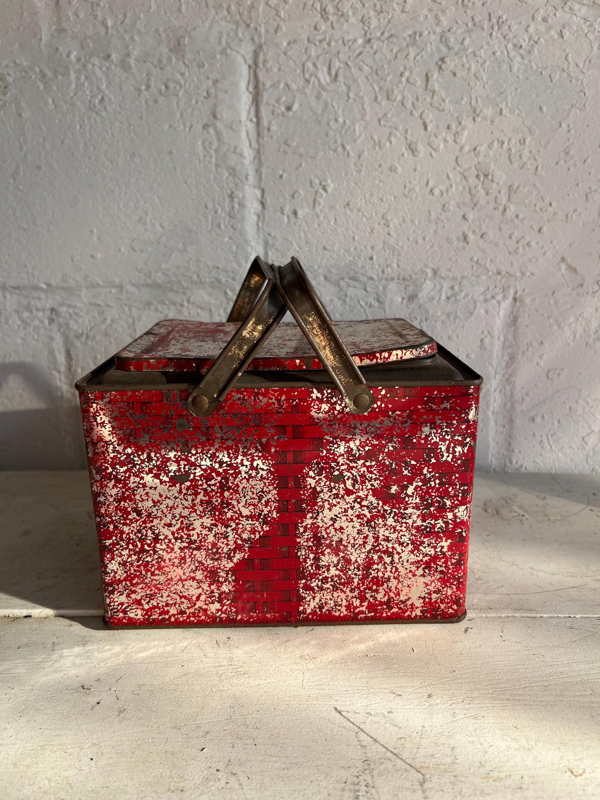 Vintage Red Metal Tobacco Tin: Rusty Chippy Industrial Basket