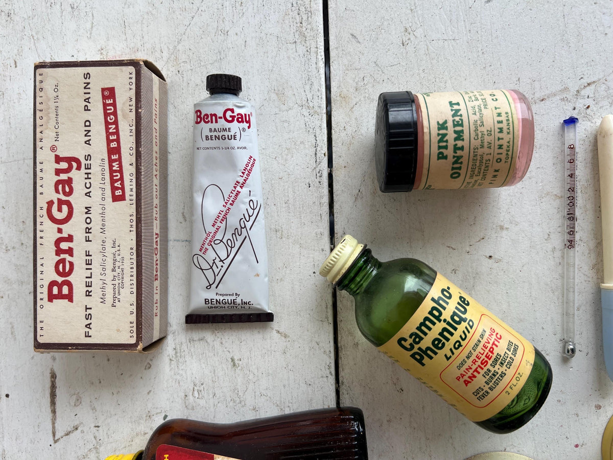 Vintage Medicine Cabinet Lot: Lysol, Ben-Gay, Campho-Phenique, Unguentine