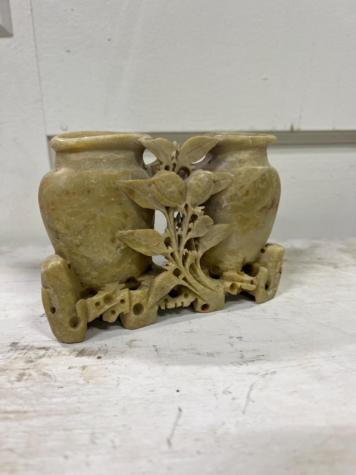 Antique Hand Carved Soapstone Double Vase: 19th Century Chinese Floral Carving