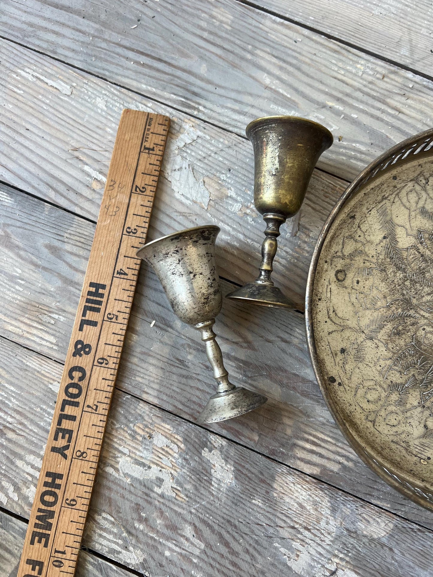 Vintage Silver Plated Tray & Mini Goblets Set - Etched Indian Design