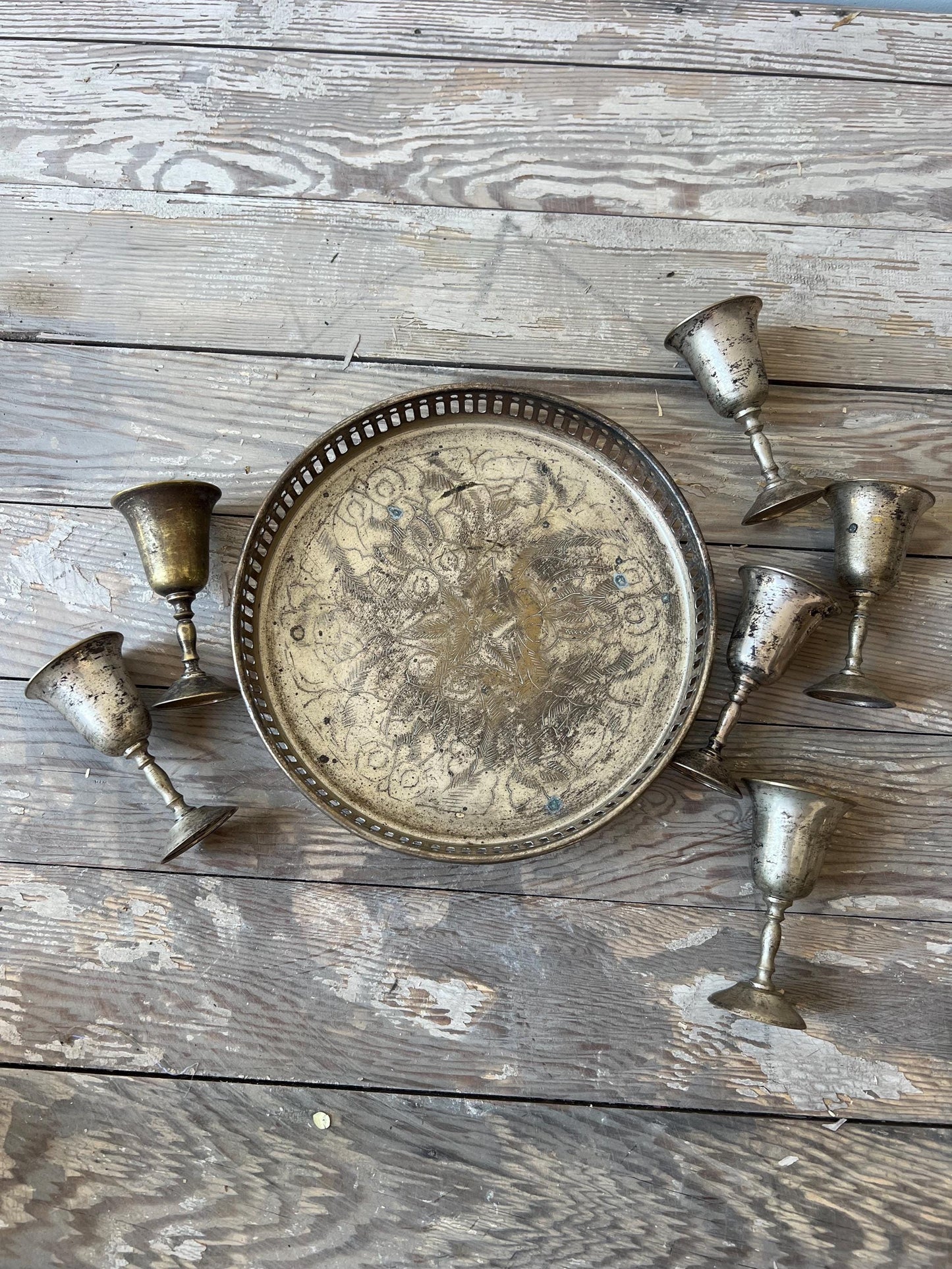 Vintage Silver Plated Tray & Mini Goblets Set - Etched Indian Design