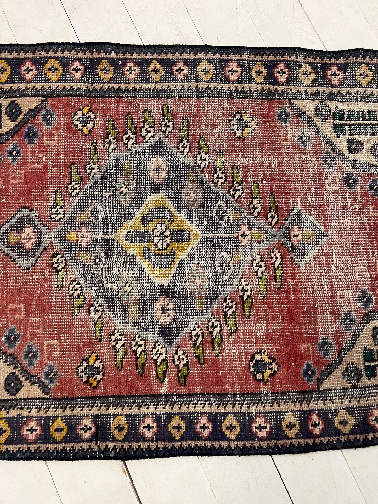 Vintage Oriental Rug: Handmade Mauve Pink Geometric Accent Rug