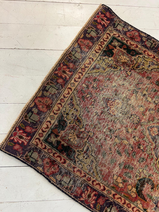 Handmade Oriental Rug Runner: Worn Green, Purple & Pink Boho Decor (35.5" x 59")