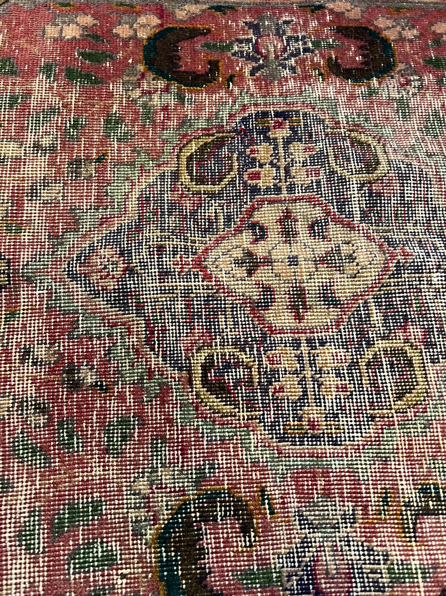Handmade Oriental Rug Runner: Worn Green, Purple & Pink Boho Decor (35.5" x 59")