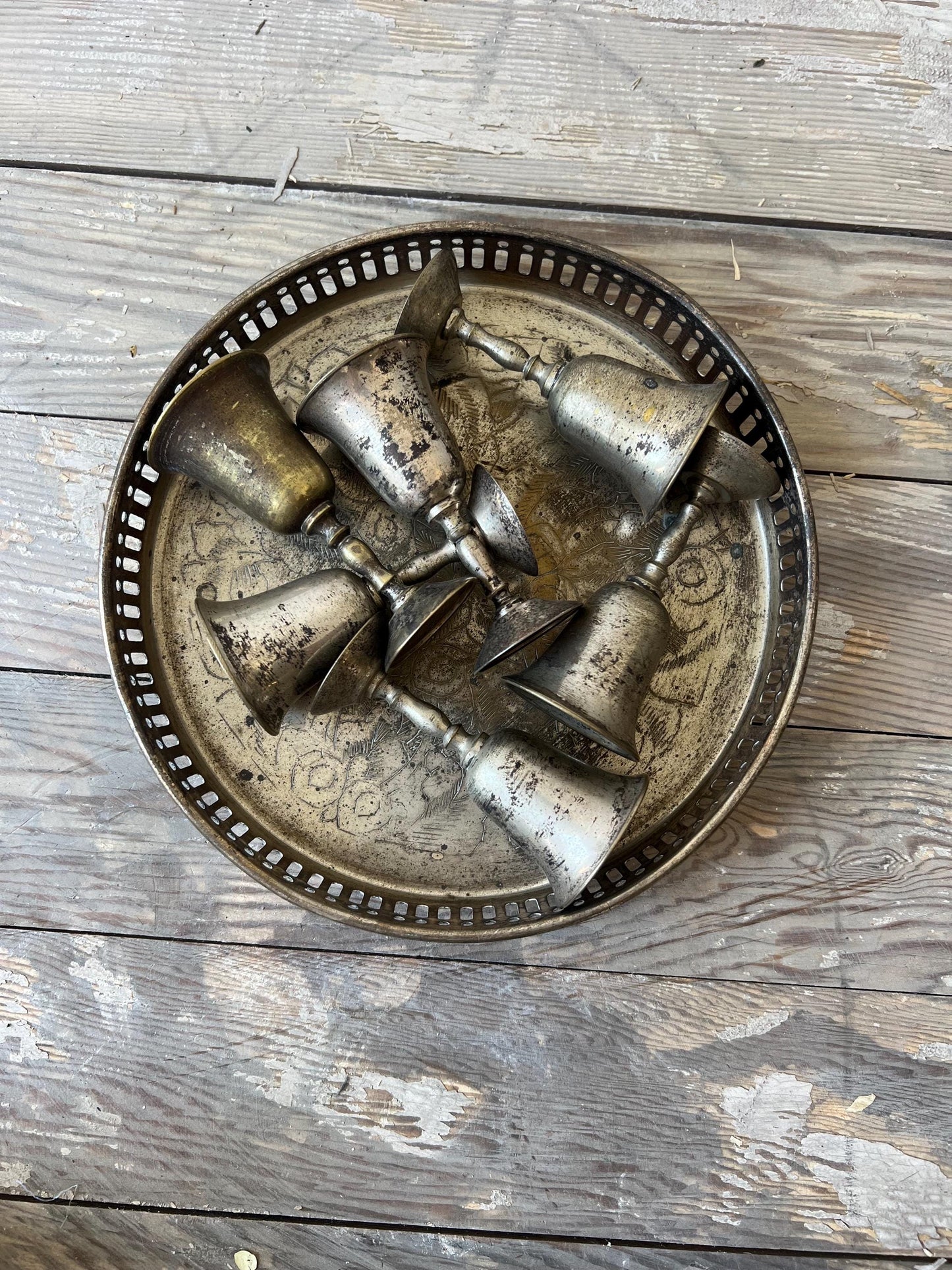 Vintage Silver Plated Tray & Mini Goblets Set - Etched Indian Design