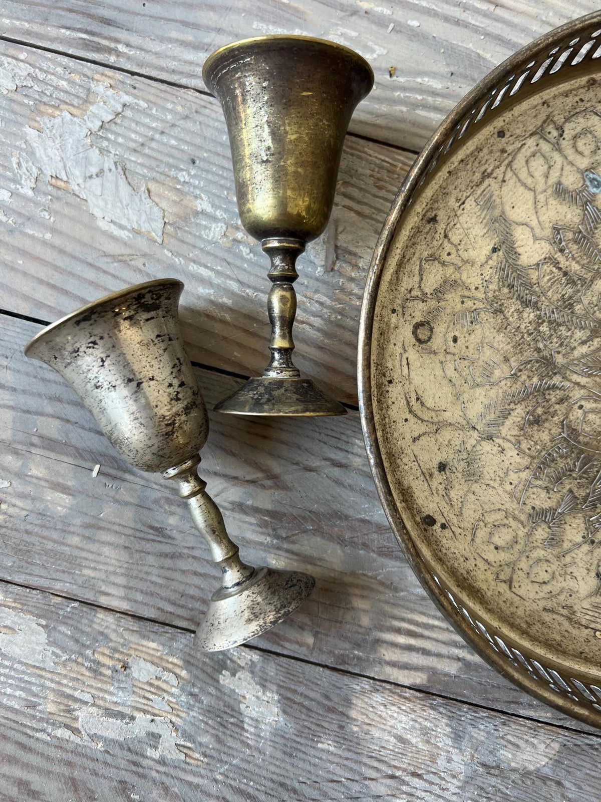 Vintage Silver Plated Tray & Mini Goblets Set - Etched Indian Design