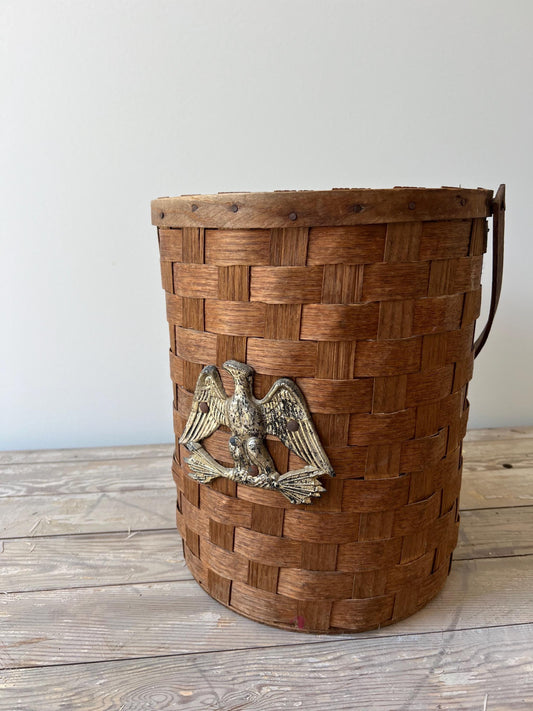 Vintage Woven Basket with Handle & Metal Eagle - Primitive Home Decor