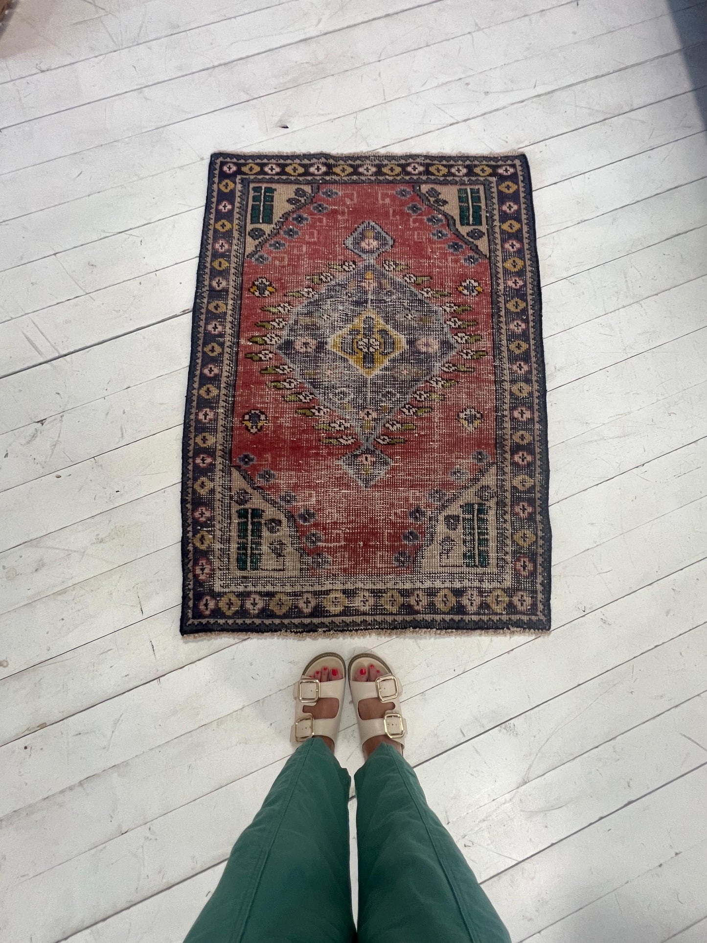 Vintage Oriental Rug: Handmade Mauve Pink Geometric Accent Rug