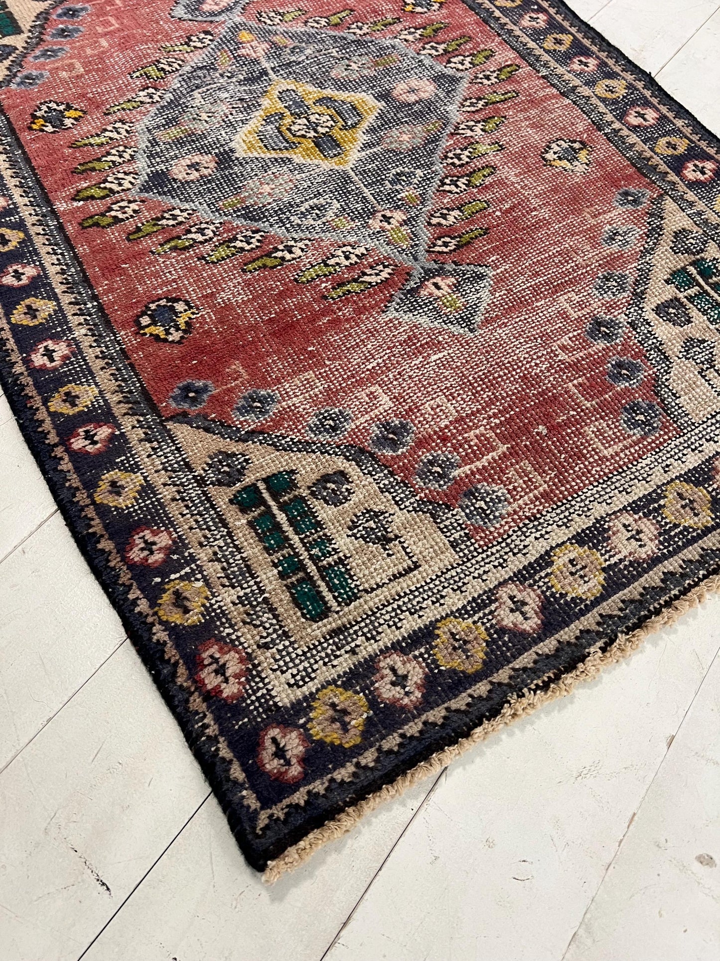 Vintage Oriental Rug: Handmade Mauve Pink Geometric Accent Rug