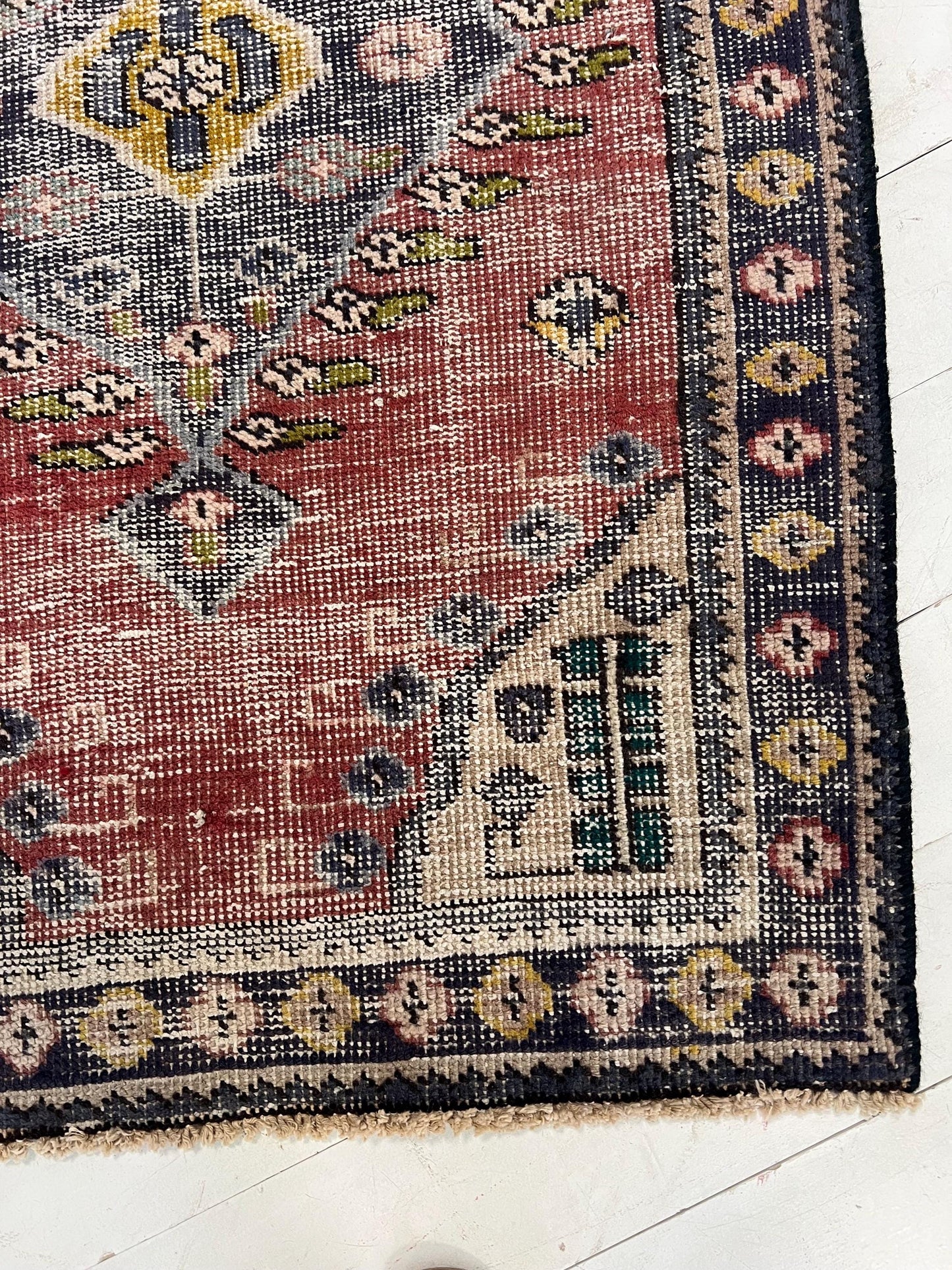 Vintage Oriental Rug: Handmade Mauve Pink Geometric Accent Rug