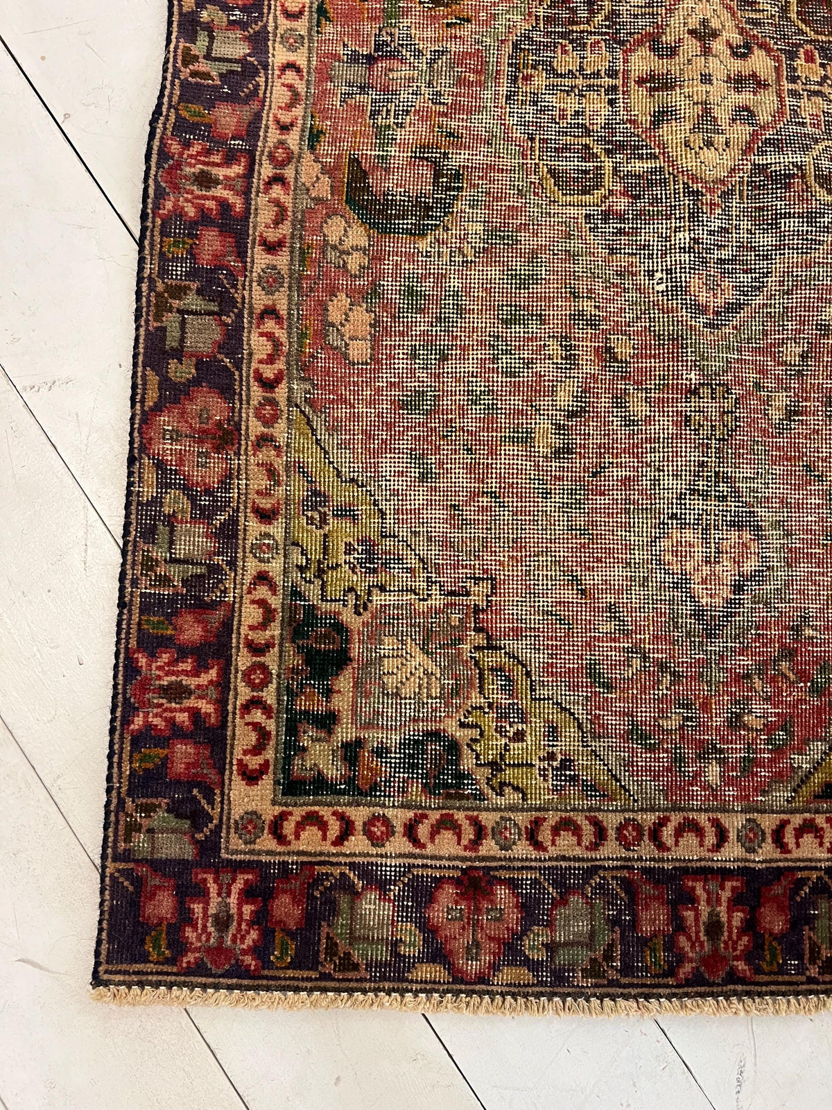 Handmade Oriental Rug Runner: Worn Green, Purple & Pink Boho Decor (35.5" x 59")