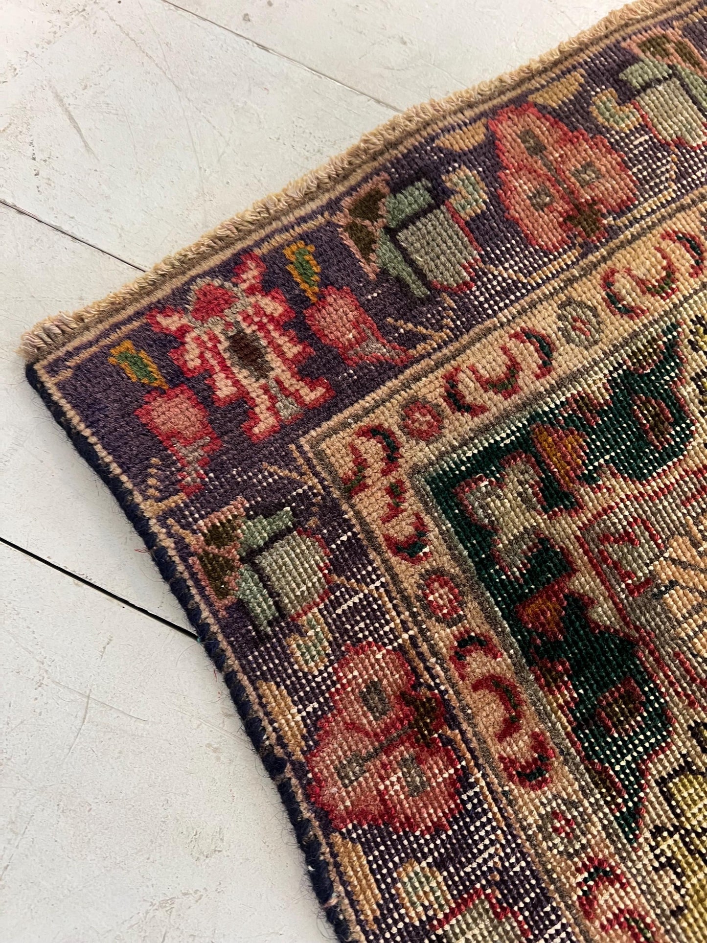 Handmade Oriental Rug Runner: Worn Green, Purple & Pink Boho Decor (35.5" x 59")
