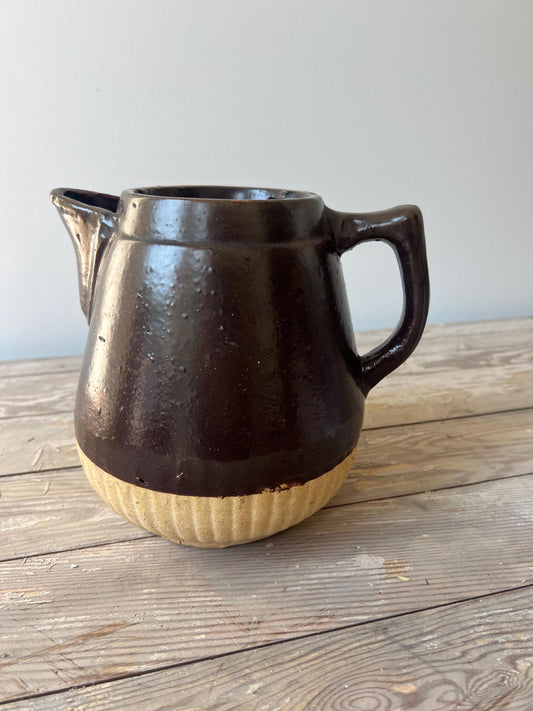 Vintage Brown Glaze Stoneware Pitcher: Farmhouse Pottery Decor